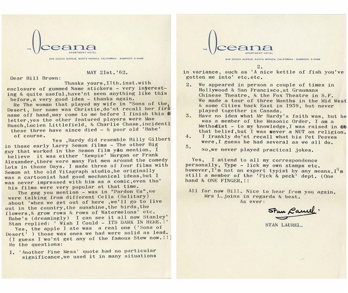 Stan Laurel Letter Signed With His Full Signature, ''Stan Laurel'' -- ''...'Another Fine Mess' quote had no particular significance, we used it in many situations...''